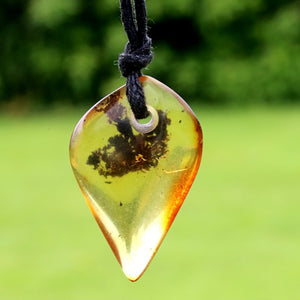 Teardrop-shaped amber pendant on a string against a blurred green background