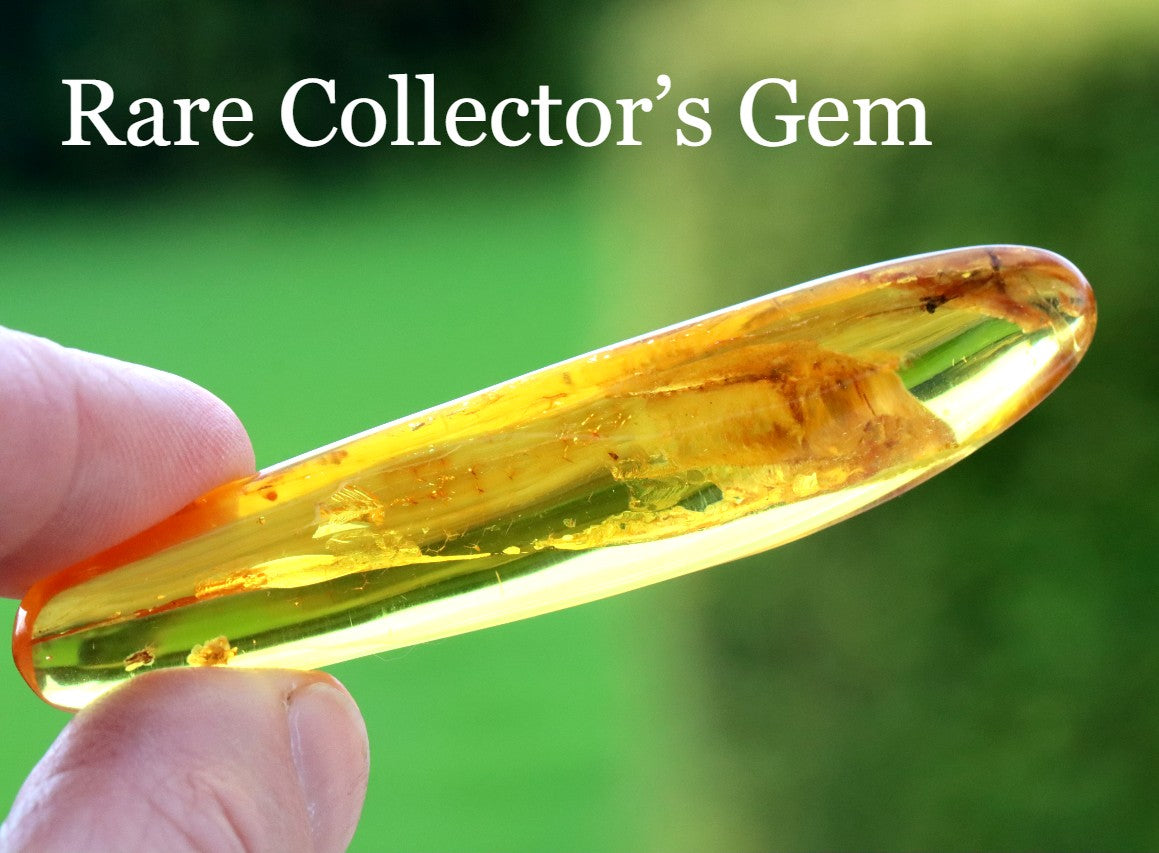 Amber gemstone held by a hand with a blurred green background and text 'Rare Collector's Gem'.