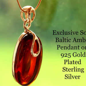 Red Baltic Amber Pendant on 925 Gold Plated Sterling Silver against a blurred green background