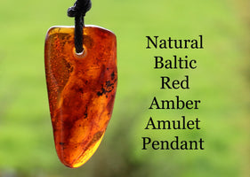 Natural Baltic Red Amber Amulet Pendant on a blurred green background
