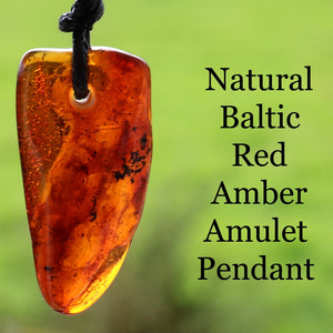 Natural Baltic Red Amber Amulet Pendant on a blurred green background