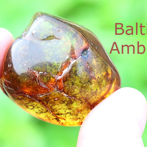 Baltic Amber stone held between fingers with a green blurred background
