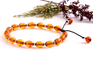 Sparkly amber bracelet on a white background with dried plants.