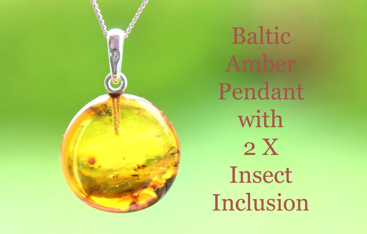 Baltic Amber Pendant with 2 X Insect Inclusion on a green background
