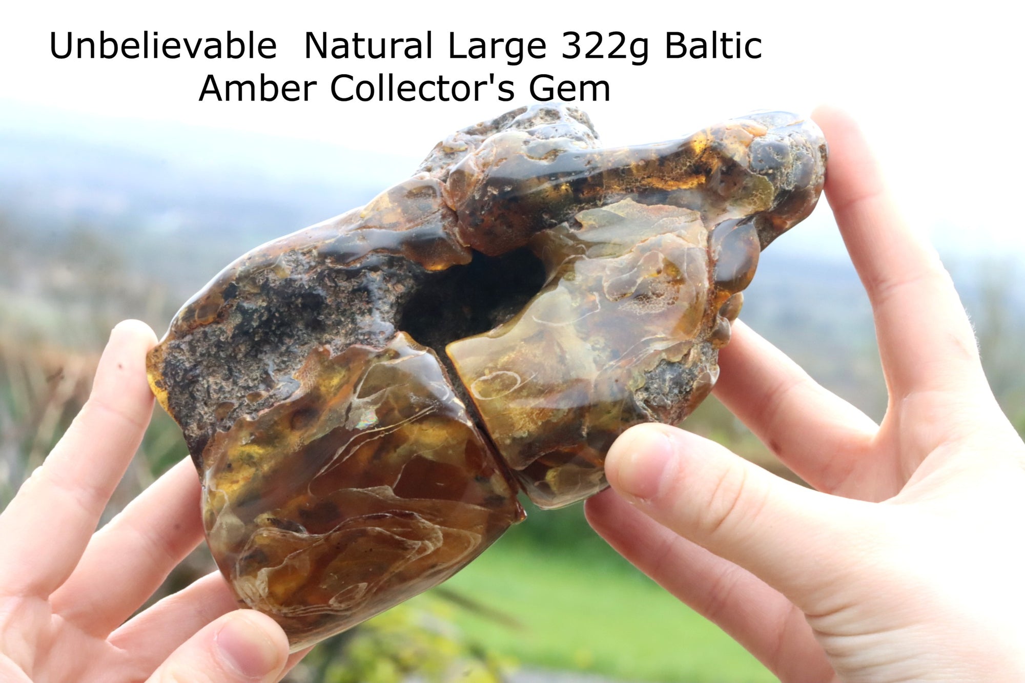 A very large, polished stone of Baltic amber displayed in a person's hand, with a certificate of authenticity mentioned.