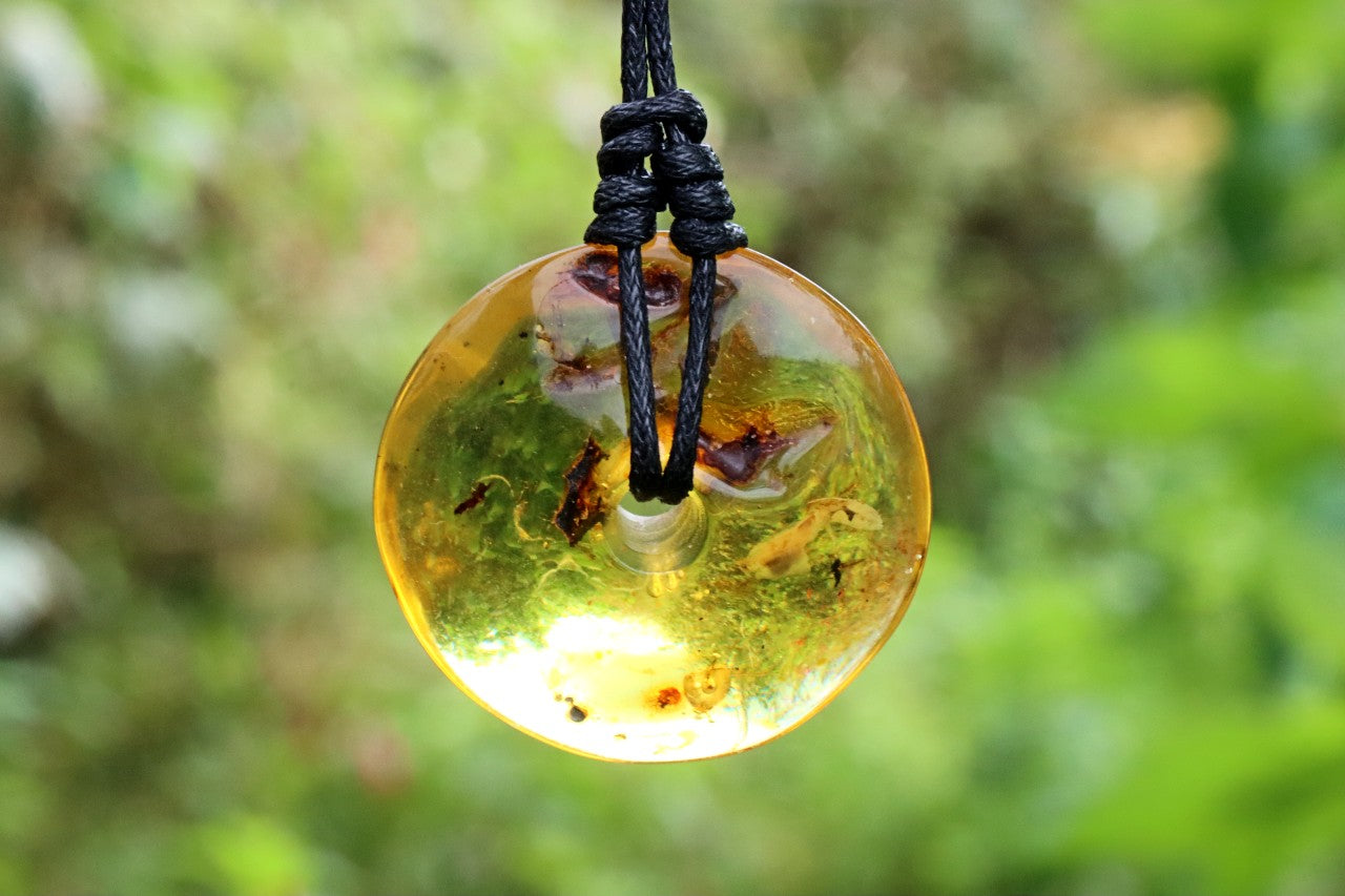 Large Natural Baltic Amber Donut Amulet Pendant with Insect Inclusion