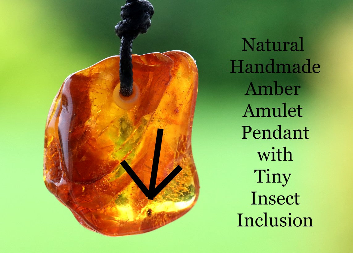 Natural Handmade Amber Amulet Pendant with Tiny Insect Inclusion