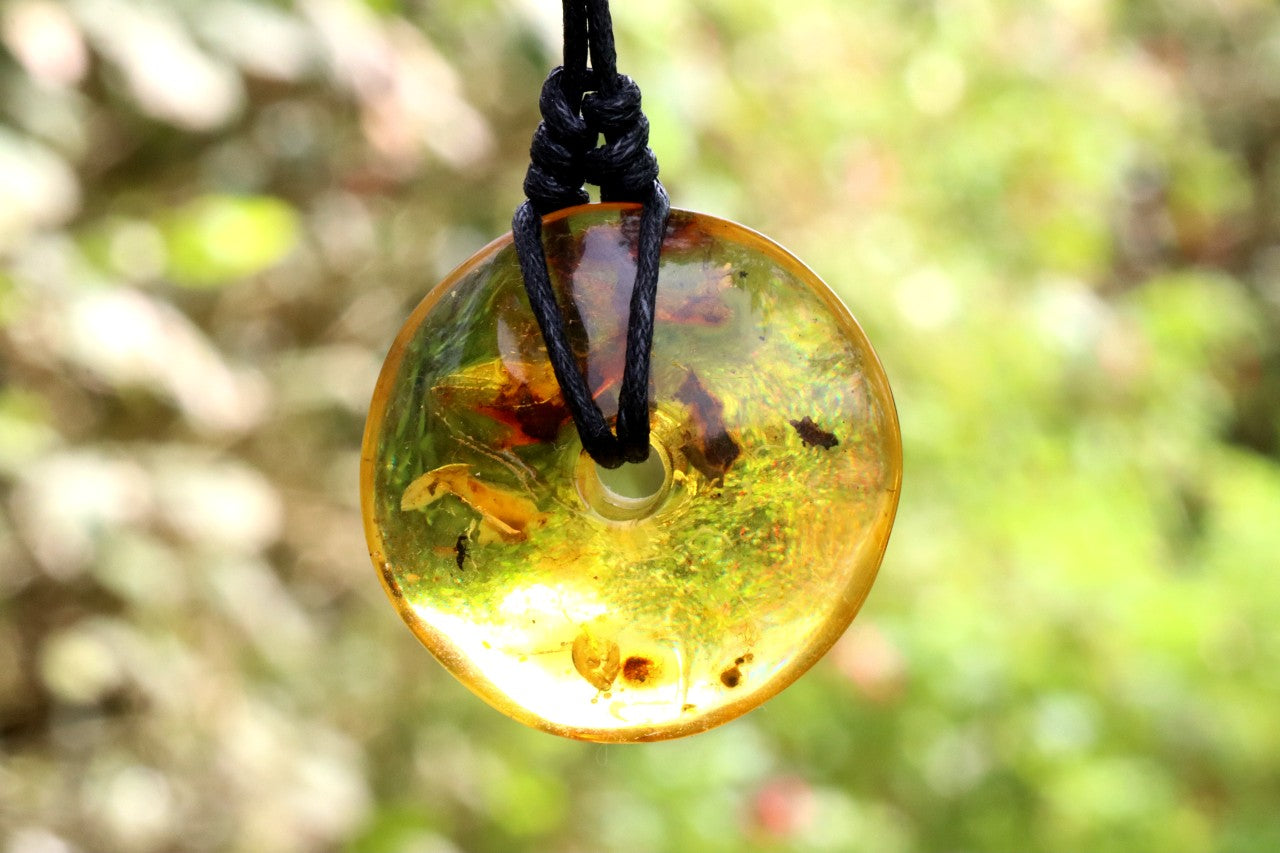 Large Natural Baltic Amber Donut Amulet Pendant with Insect Inclusion