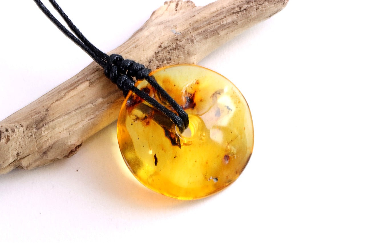 Large Natural Baltic Amber Donut Amulet Pendant with Insect Inclusion
