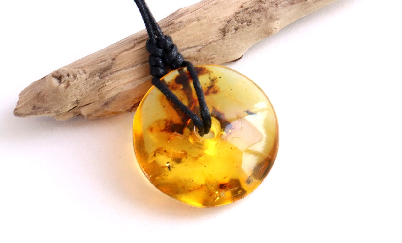 Large Natural Baltic Amber Donut Amulet Pendant with Insect Inclusion