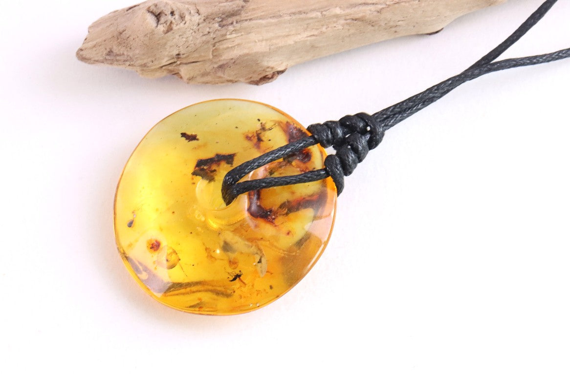Large Natural Baltic Amber Donut Amulet Pendant with Insect Inclusion