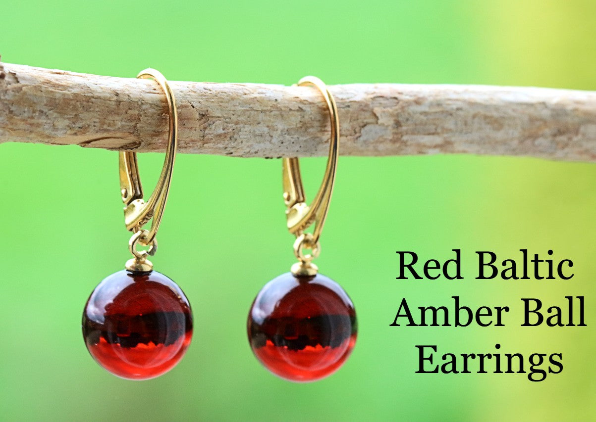 Red Baltic Amber Ball Earrings