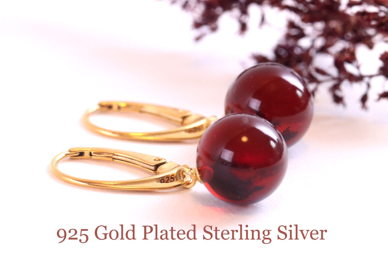 Red Baltic Amber Ball Earrings