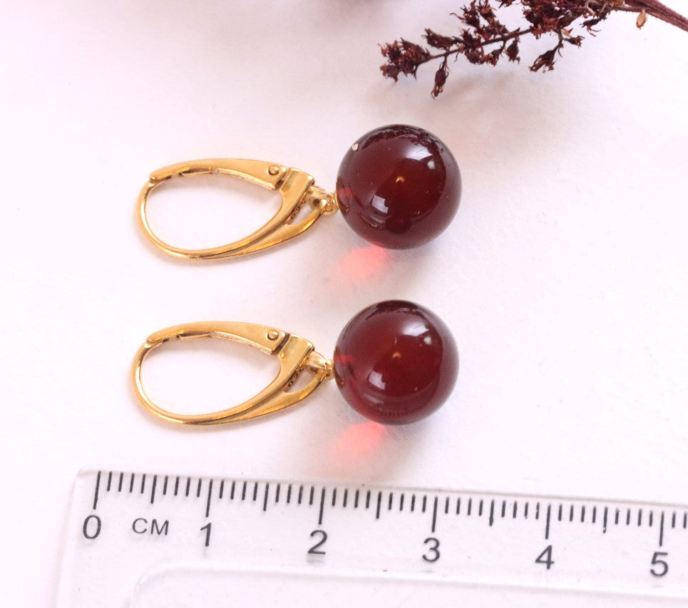 Red Baltic Amber Ball Earrings