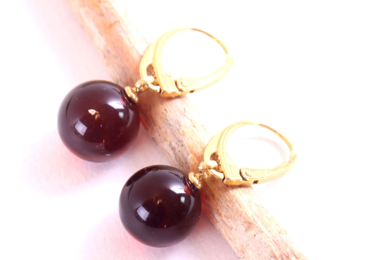 Red Baltic Amber Ball Earrings
