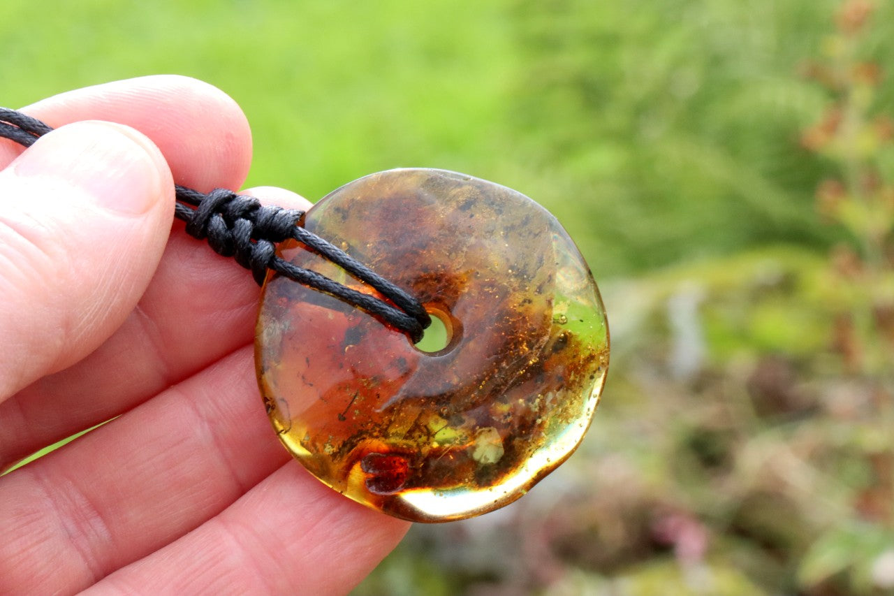 Large Natural Baltic Amber Donut Amulet Pendant with Tiny Insect Inclusion