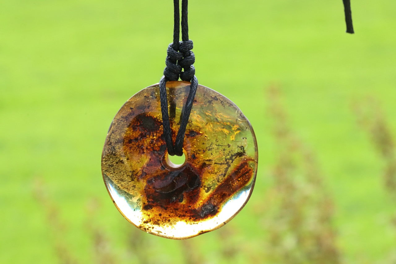 Large Natural Baltic Amber Donut Amulet Pendant with Tiny Insect Inclusion