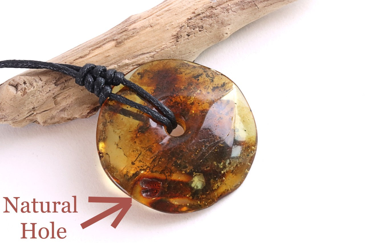 Large Natural Baltic Amber Donut Amulet Pendant with Tiny Insect Inclusion