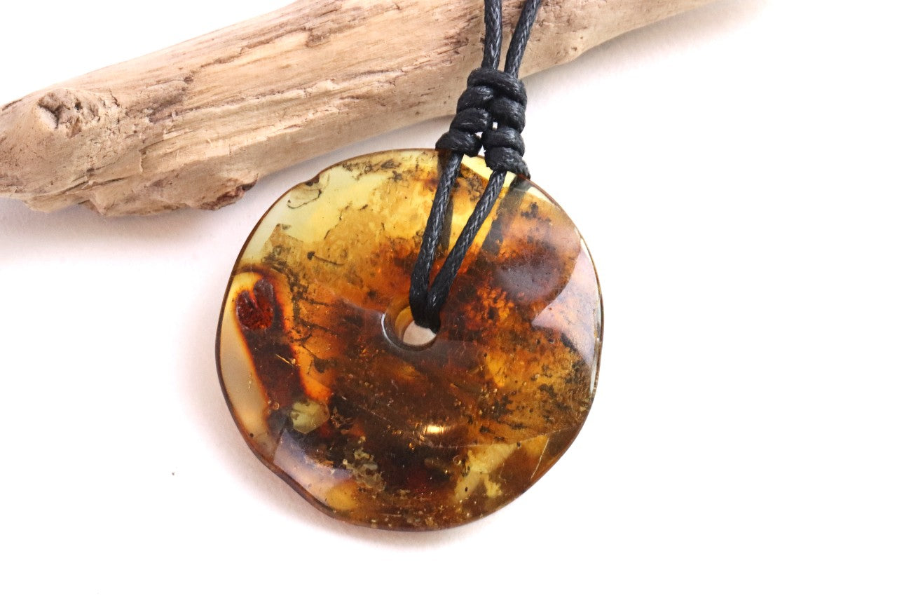 Large Natural Baltic Amber Donut Amulet Pendant with Tiny Insect Inclusion