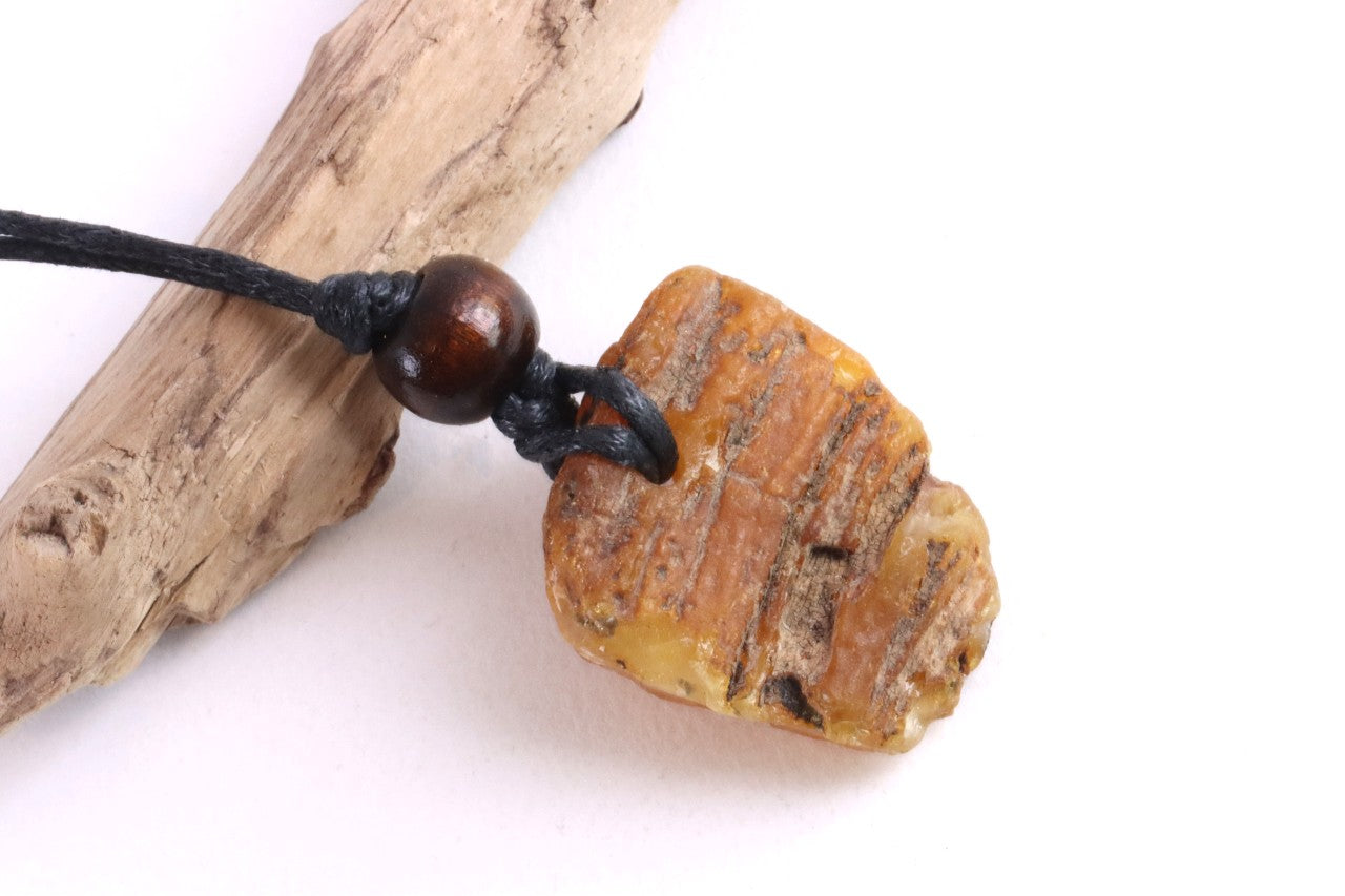 Natural Raw Baltic Amber Amulet Pendant with Wooden Bead