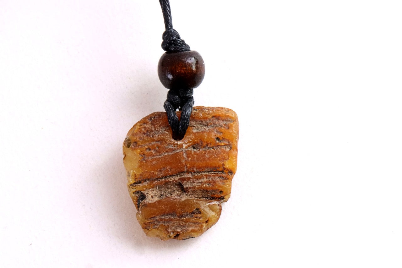 Natural Raw Baltic Amber Amulet Pendant with Wooden Bead
