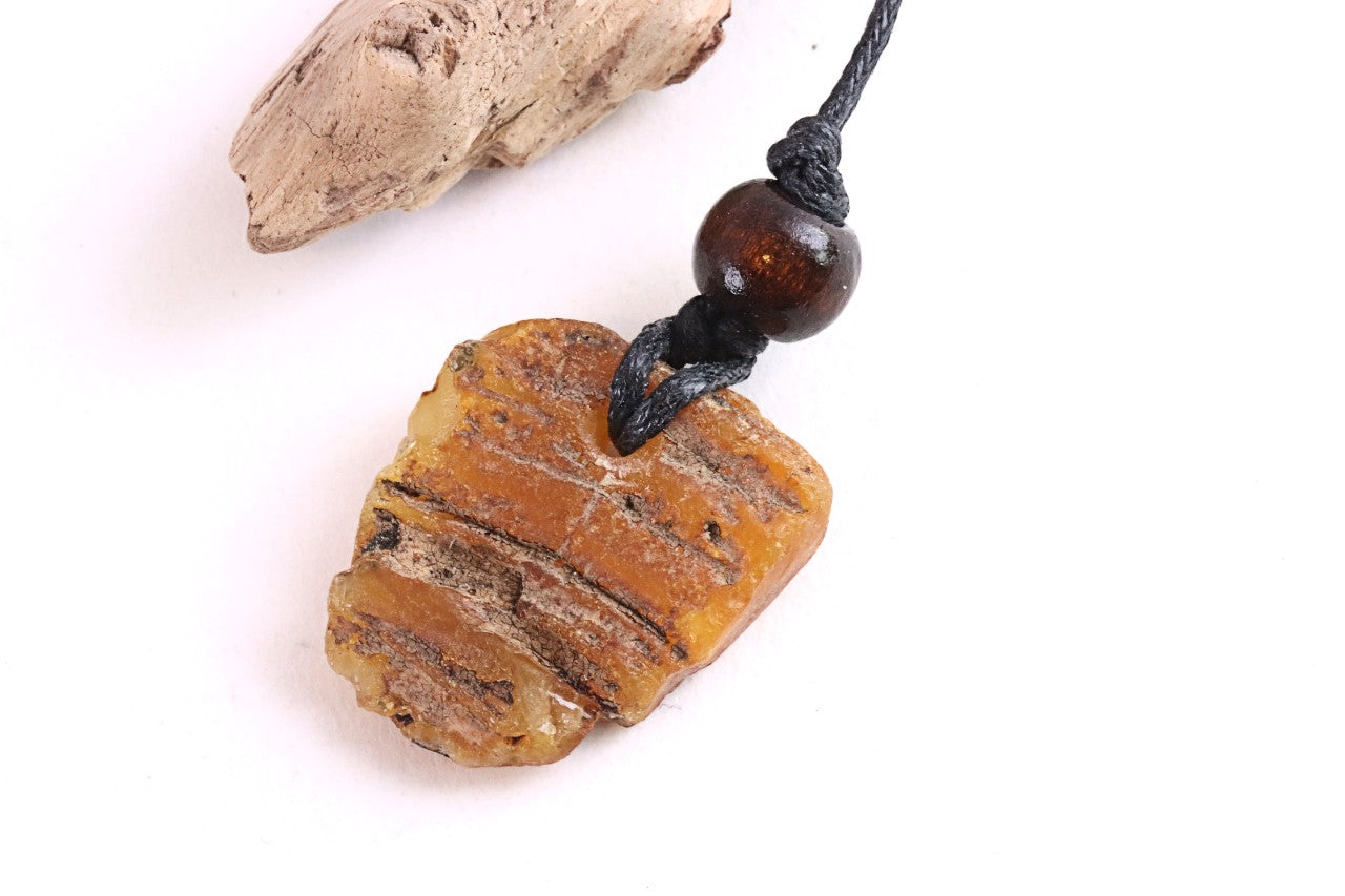 Natural Raw Baltic Amber Amulet Pendant with Wooden Bead