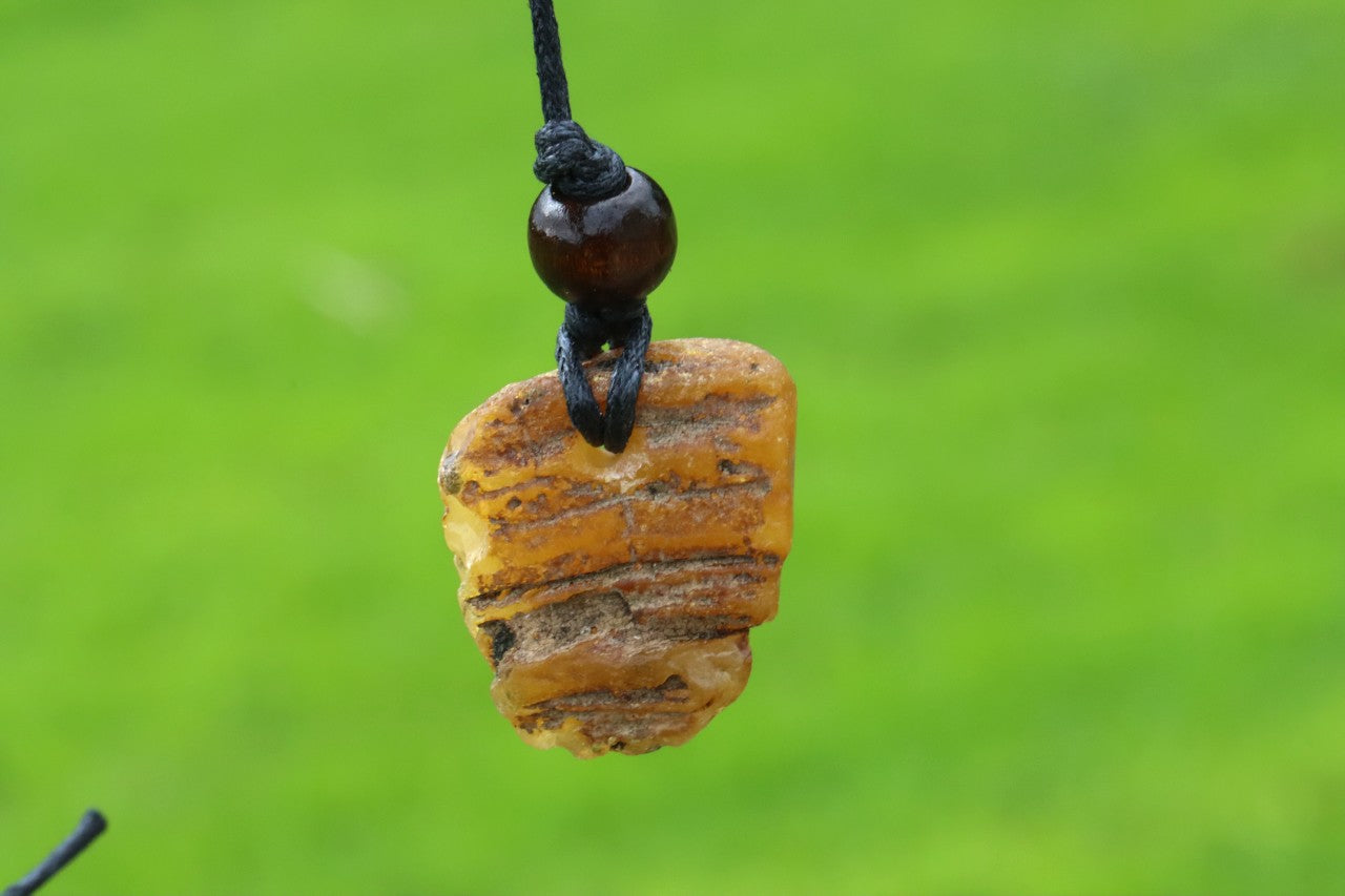 Natural Raw Baltic Amber Amulet Pendant with Wooden Bead