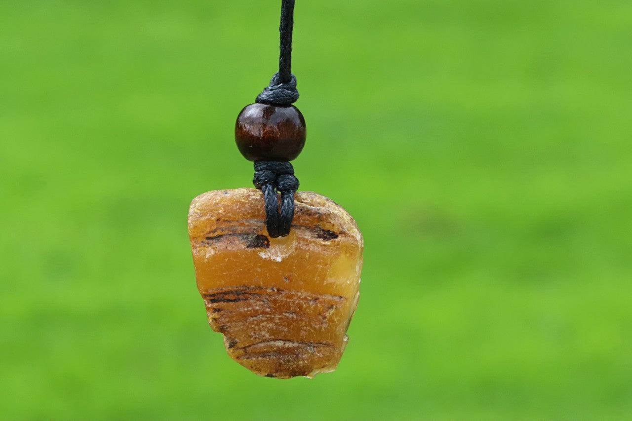 Natural Raw Baltic Amber Amulet Pendant with Wooden Bead