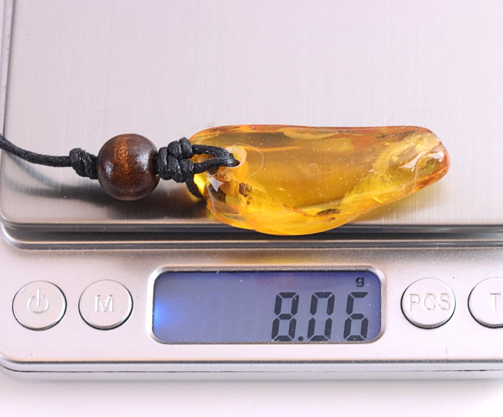 Baltic Amber Amulet with 3 Insect Inclusions & Wooden Bead –