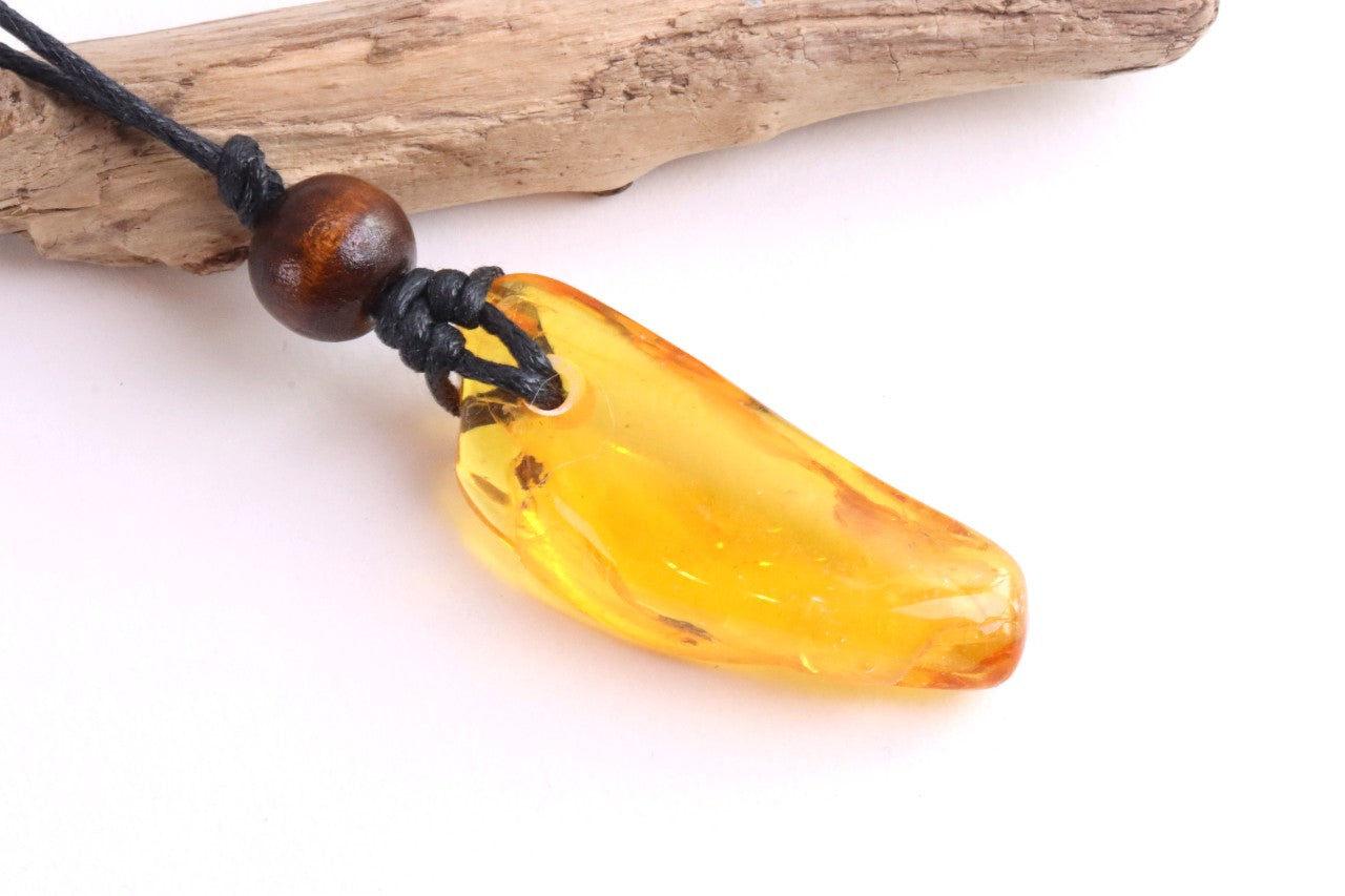 Baltic Amber Amulet with 3 Insect Inclusions & Wooden Bead –
