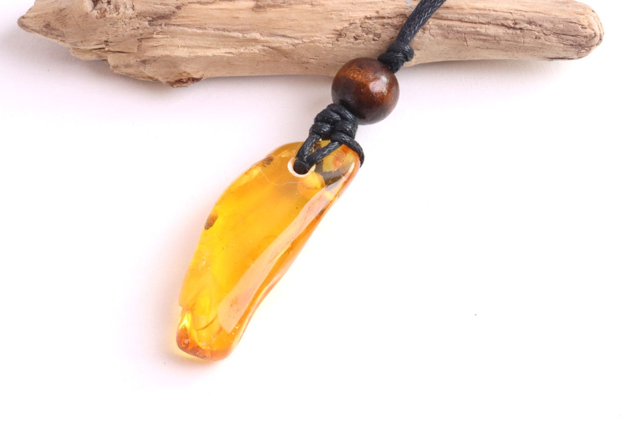 Baltic Amber Amulet with 3 Insect Inclusions & Wooden Bead –