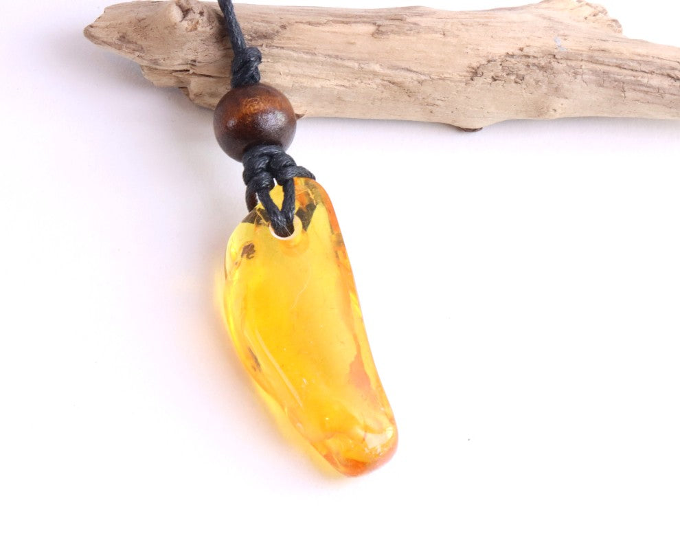 Baltic Amber Amulet with 3 Insect Inclusions & Wooden Bead –