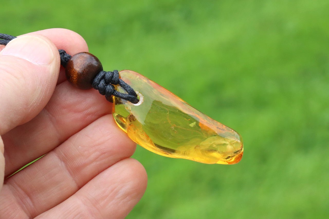 Baltic Amber Amulet with 3 Insect Inclusions & Wooden Bead –