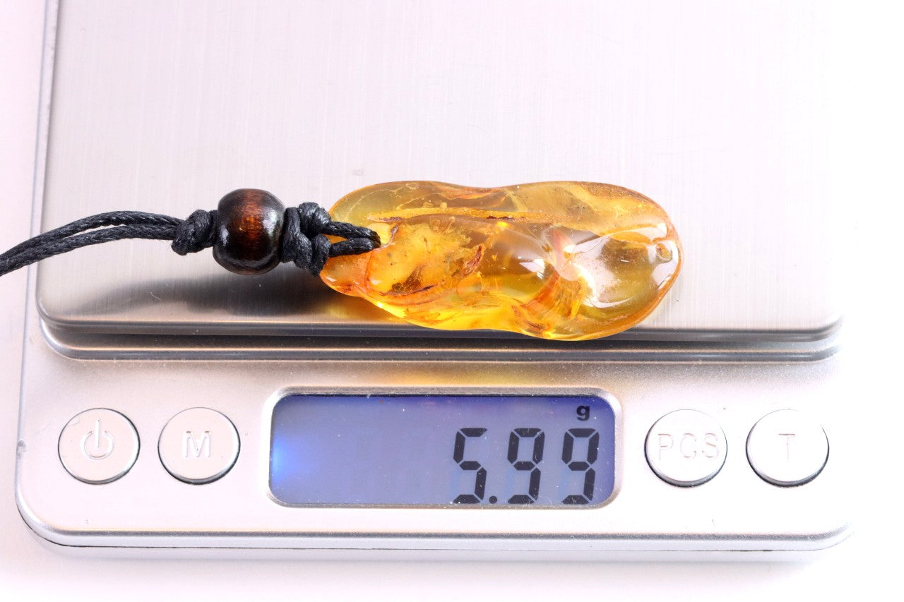 Baltic Amber Amulet with 5 Insect Inclusions & Wooden Bead