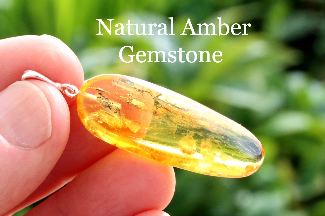 Natural Amber Gemstone Pendant with Insect Inclusion on Sterling Silver