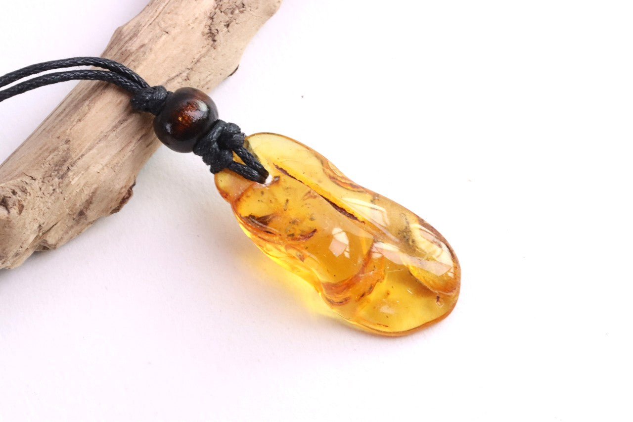 Baltic Amber Amulet with 5 Insect Inclusions & Wooden Bead