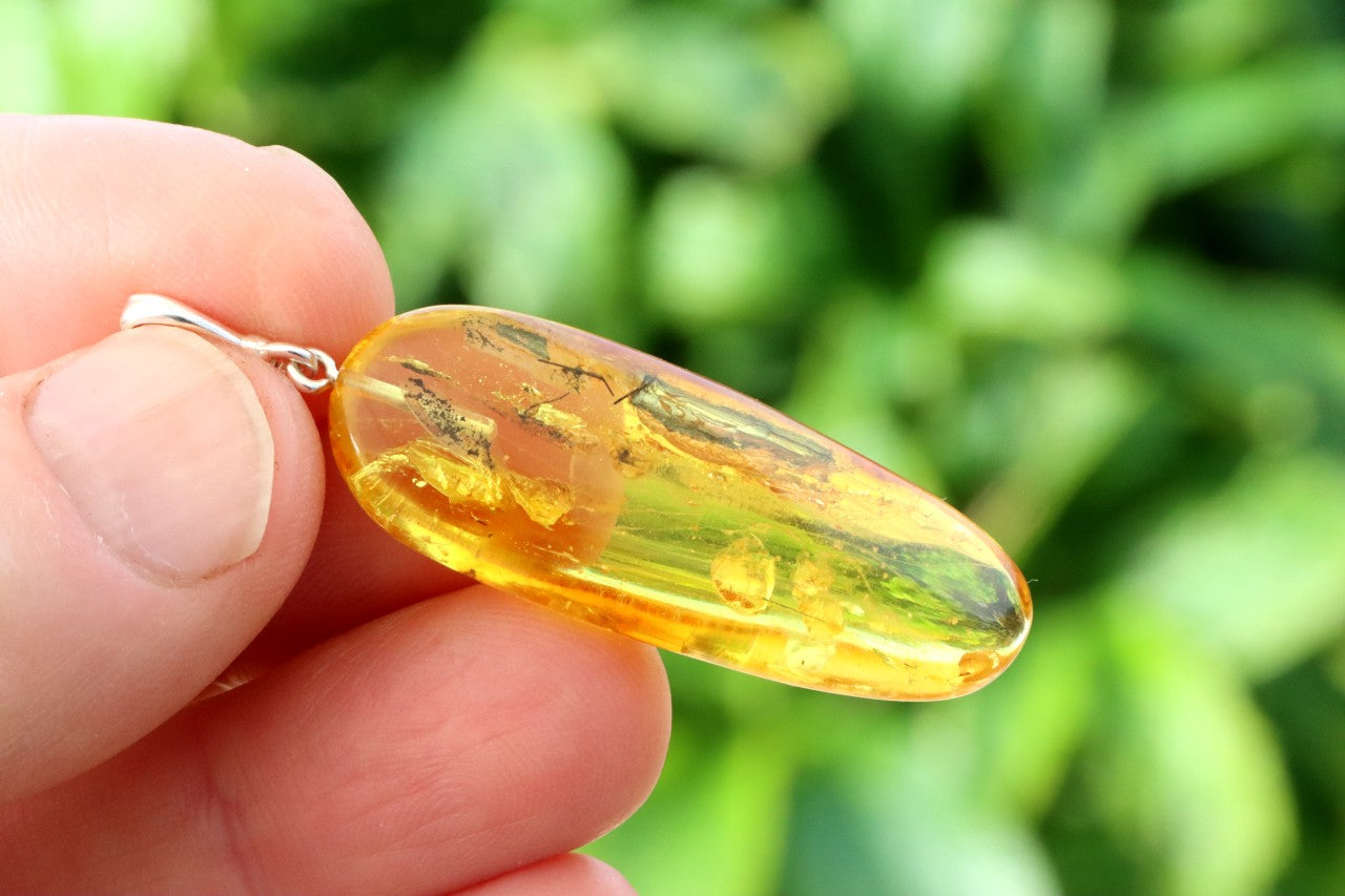 Natural Amber Gemstone Pendant with Insect Inclusion on Sterling Silver