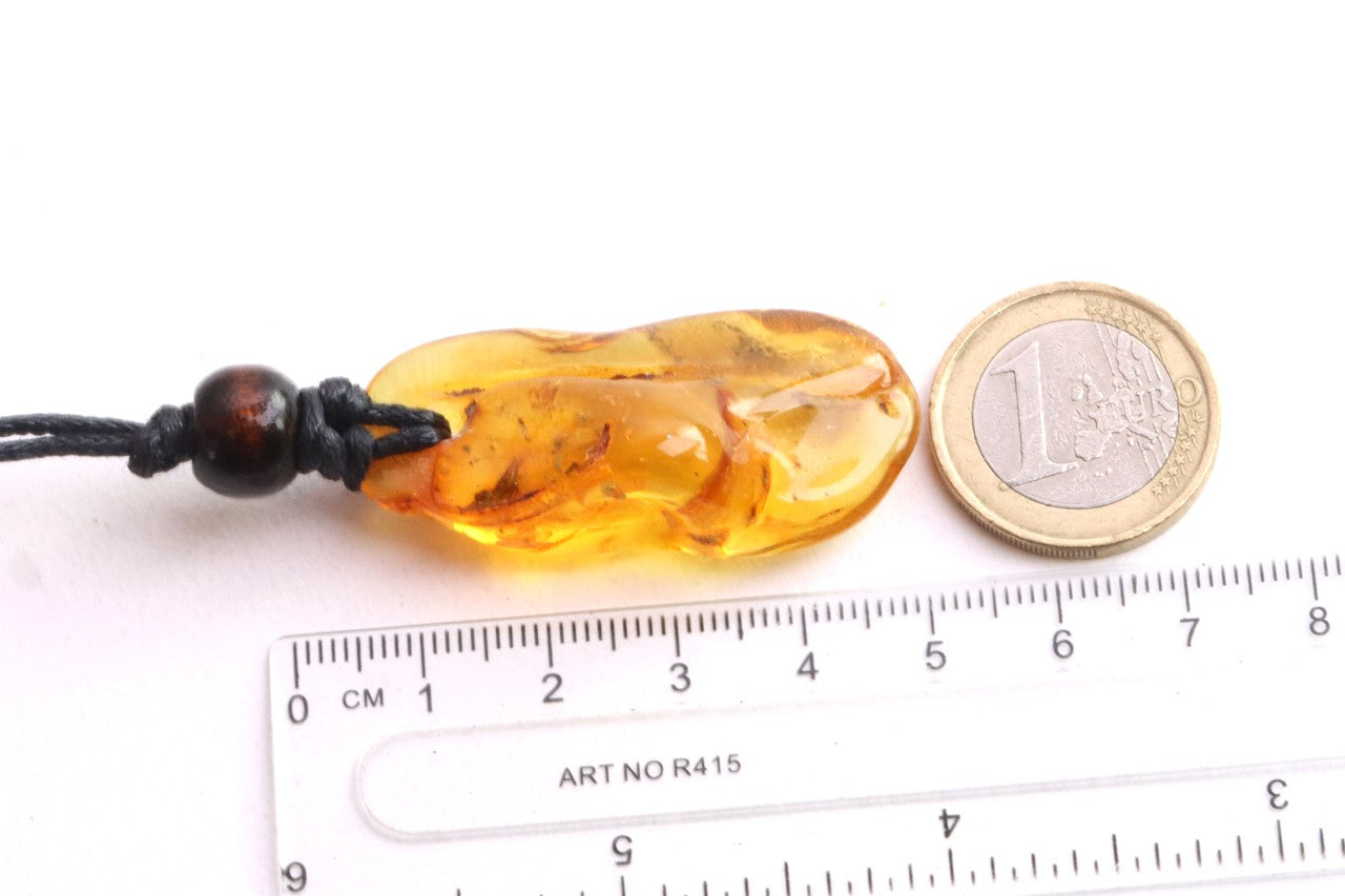 Baltic Amber Amulet with 5 Insect Inclusions & Wooden Bead