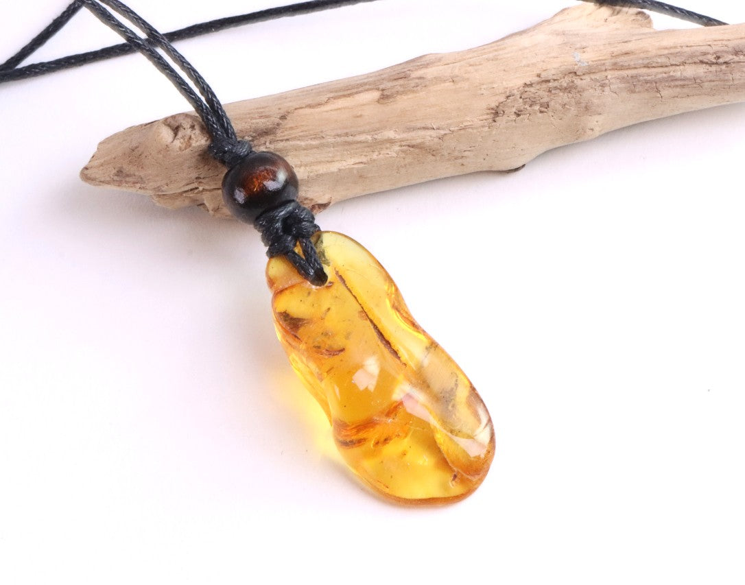 Baltic Amber Amulet with 5 Insect Inclusions & Wooden Bead
