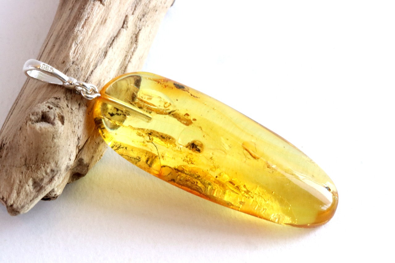 Natural Amber Gemstone Pendant with Insect Inclusion on Sterling Silver