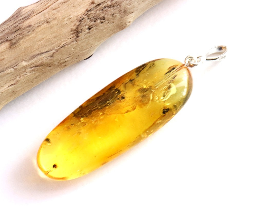 Natural Amber Gemstone Pendant with Insect Inclusion on Sterling Silver