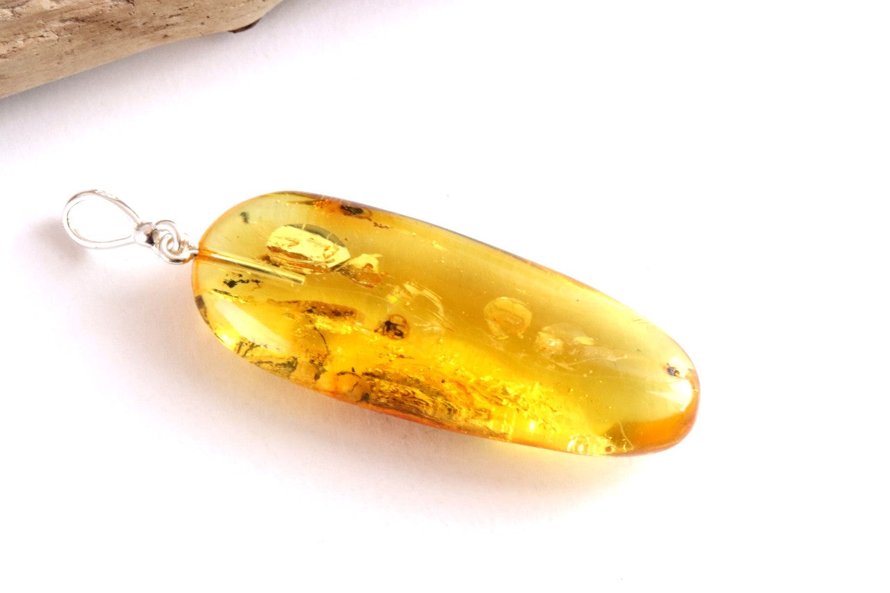 Natural Amber Gemstone Pendant with Insect Inclusion on Sterling Silver