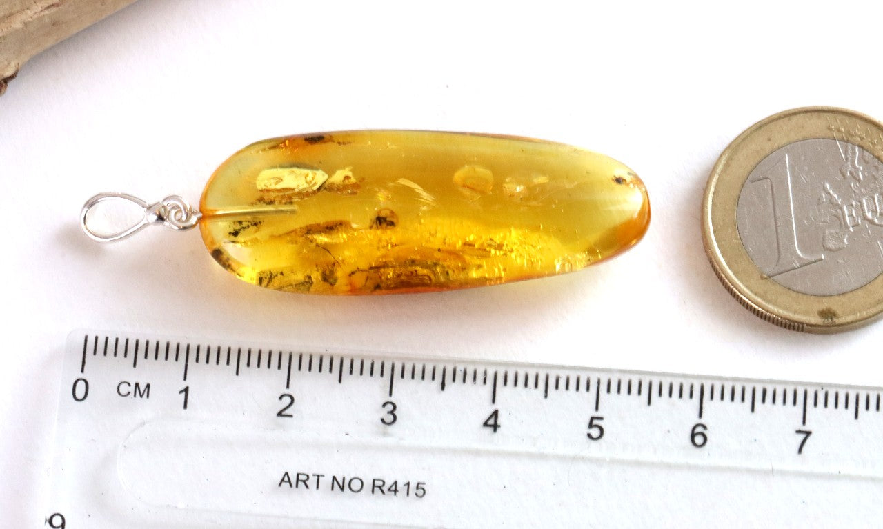 Natural Amber Gemstone Pendant with Insect Inclusion on Sterling Silver