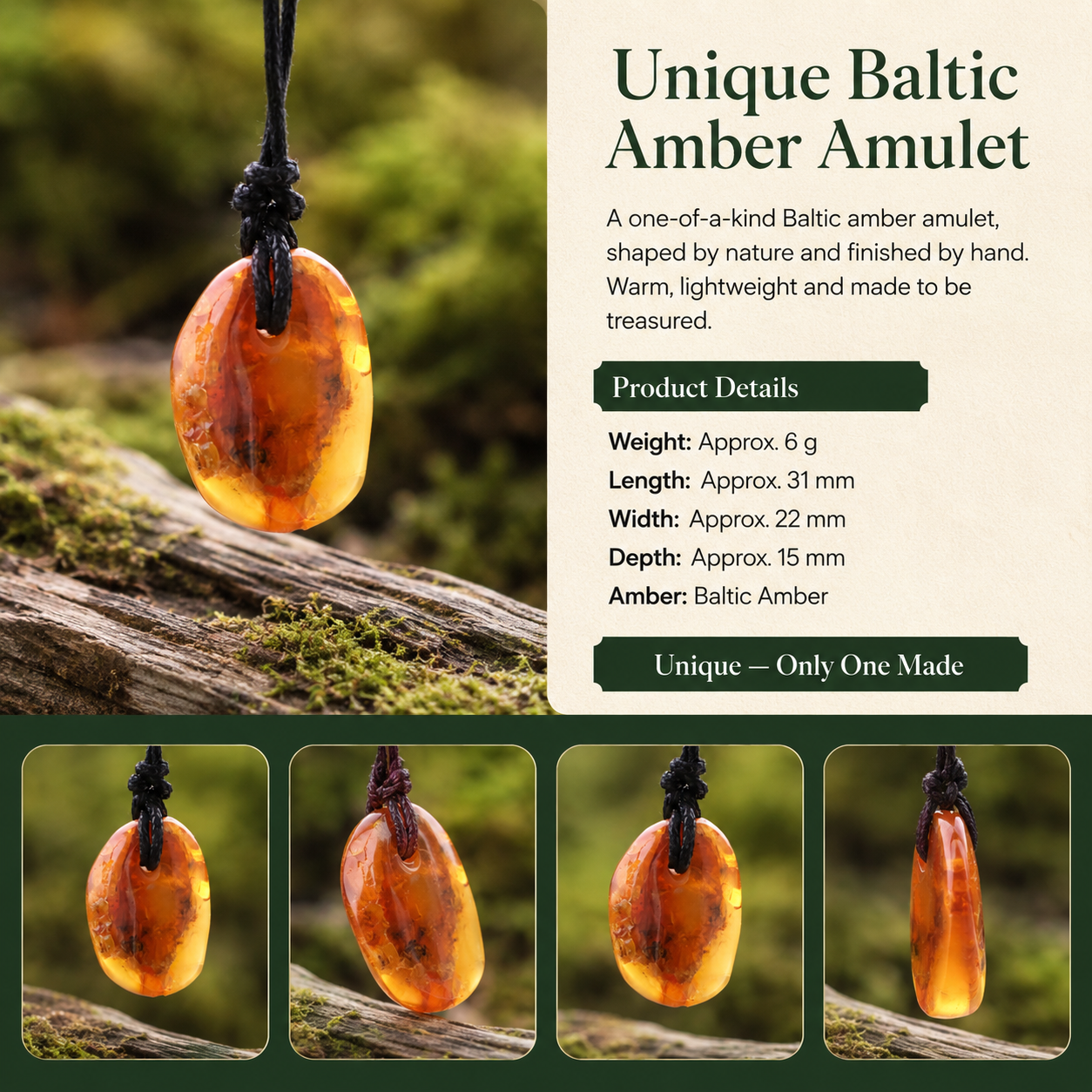 Amber Amulet Pendant on Adjustable Cord