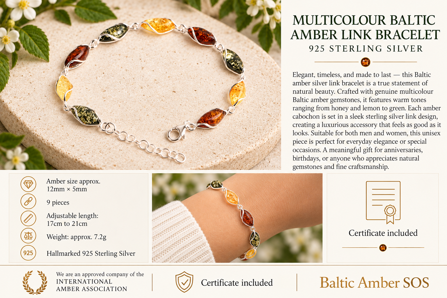Quality Silver and multi Colour Amber Gemstone Bracelet