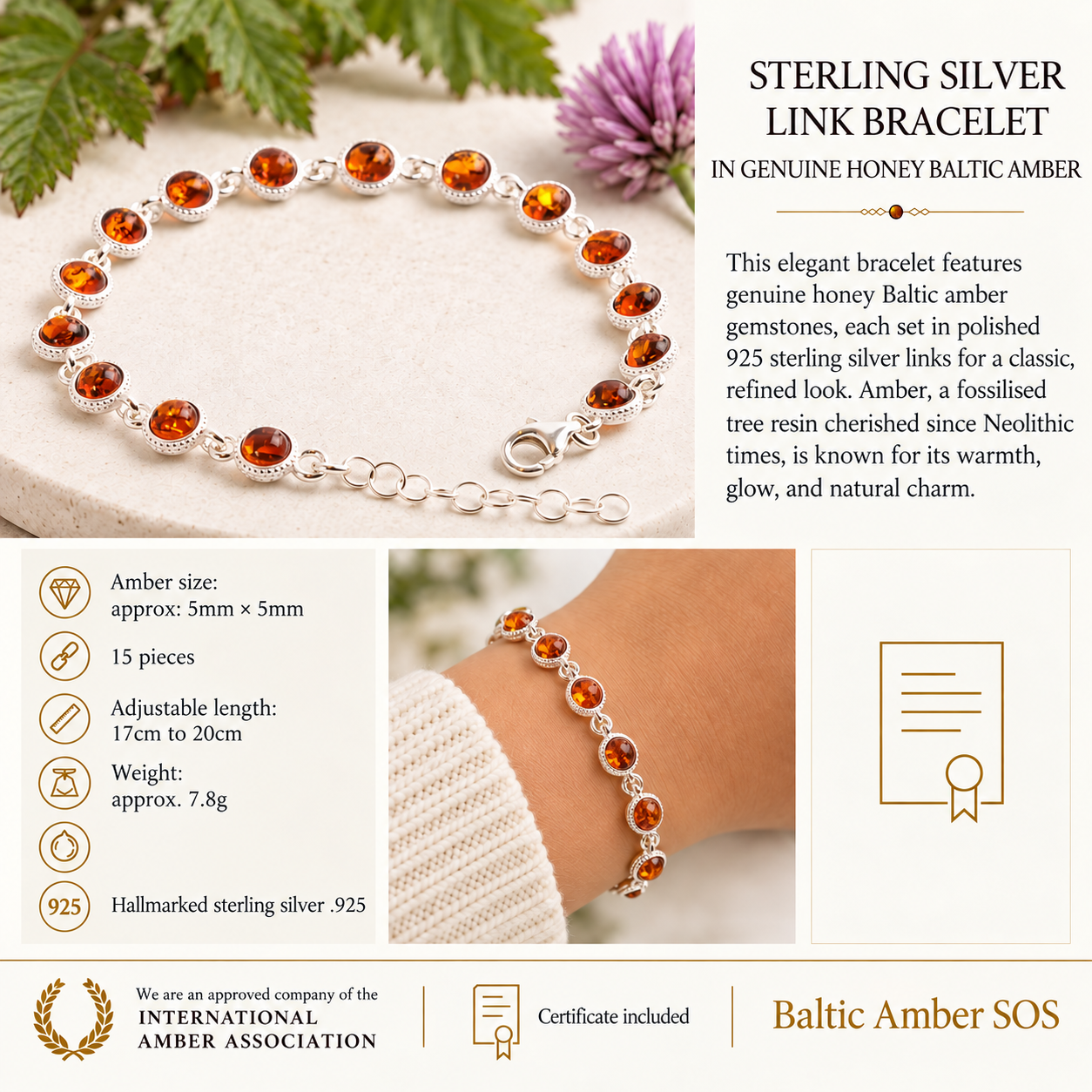 Honey Amber Gemstone Bracelet – 925 Sterling Silver Link Design