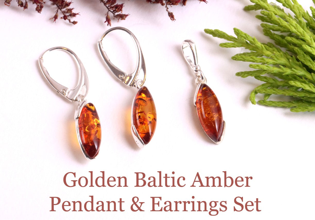 Golden Baltic Amber Pendant & Earrings Set