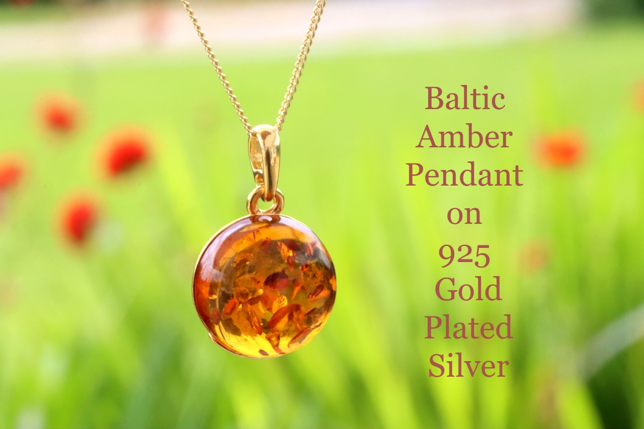 New ! Honey Baltic Amber Pendant on 925 Gold Plated Silver