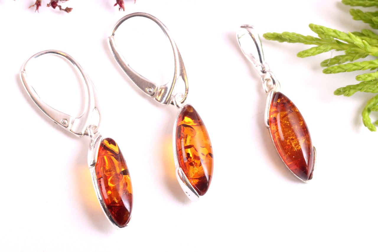 Golden Baltic Amber Pendant & Earrings Set