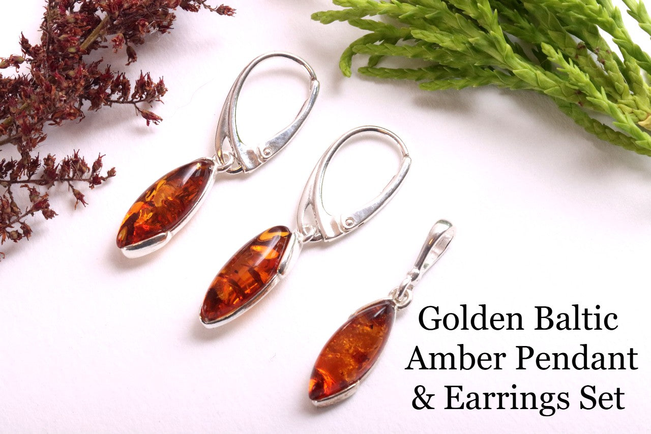 Golden Baltic Amber Pendant & Earrings Set